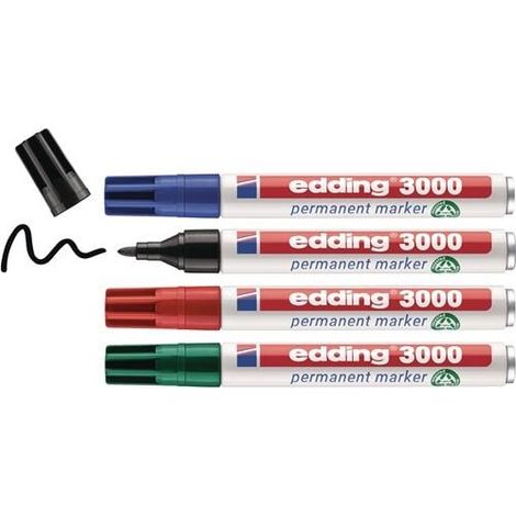 Set de marcadores permanentes edding 3000 negro/rojo/azul/verde ancho de línea 1,5-3mm punta redonda (1/2)