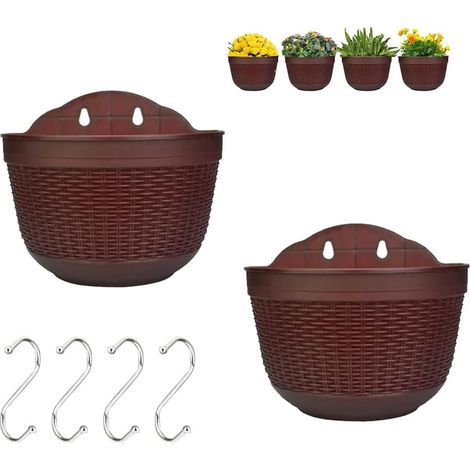 Lot de 2 pots de fleurs suspendus en plastique et métal, pots pour clôture, jardinières suspendues, couleur café foncé, pour la culture et la décoration de plantes. (1/5)