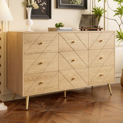 URBAN MEUBLE Buffet effet bois motif géométrique et 9 tiroirs accent doré 120x39x80cm (1/5)