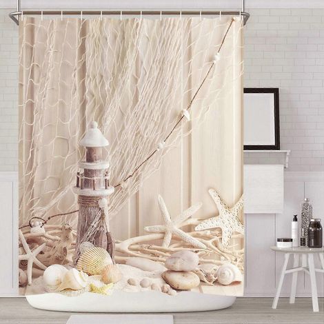 200 x 200 cm - Beige - Rideau de douche en tissu avec anneaux - Motif coquillage - Impression numérique - Polyester - Anti-moisissure (1/5)