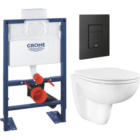 Pack bâti-support hauteur réduite GROHE Rapid SL + Cuvette suspendue sans bride abattant BauCeramic + Plaque commande noir mat (1/4)
