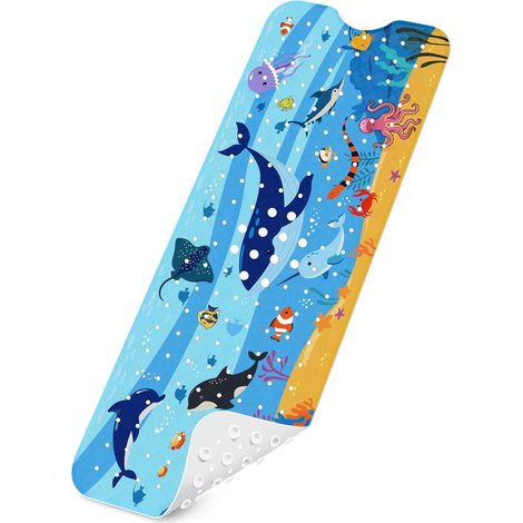 Tapis de bain antidérapant pour enfants, 100 % sans BPA, 2 crochets de suspension et passoire d'écoulement en silicone, 100 x 40 cm, tapis antidérapant pour baignoire, tapis de douche, (1/5)