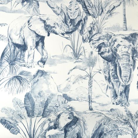 Grandeco Elephant Pastel Blue White Jungle Wildlife Paste The Wall Wallpaper (1/4)