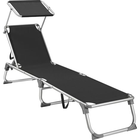 Bain de Soleil, Chaise Longue Pliable, Transat, 193 x 55 x 31 cm, Capacité de Charge 150 kg, avec Pare-Soleil et Dossier Inclinable, pour Jardin, Piscine, Terrasse, Noir GCB019B01 (1/5)