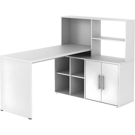 Vente-Unique – Bureau d'angle LEON blanc avec rangements – Panneau de particule – Dimensions 150x120x120 cm – 4 niches et 2 portes battantes (1/4)