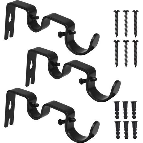 Lot de 3 supports doubles pour tringles à rideaux – Supports muraux métalliques robustes pour rideaux occultants et rideaux lourds jusqu'à 10 kg, vis et chevilles incluses, noir (1/5)