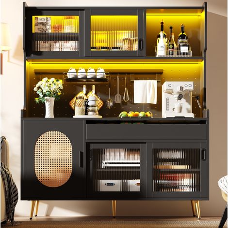 Buffet de rangement 145x39x171 cm noir en MDF et métal avec LED, grand espace de stockage et système anti-basculement (1/5)