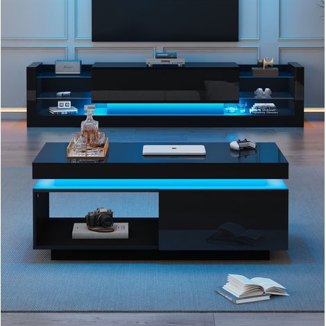 Mobile TV e tavolino, set 2 pezzi nero, LED USB, finitura lucida, DESVIAE (1/5)