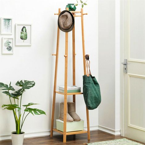 3 Tiers Wooden Coat Rack UNHO Clothes Stand Bamboo (1/5)
