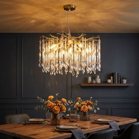 Suspension LED, lustre, lampe suspendue couleur or, cristaux de verre, H 120 cm (1/5)