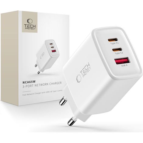 TECH-PROTECT NCA65W-GAN CARICABATTERIE DI RETE A 3 PORTE PD 65W / QC3.0 BIANCO (1/5)