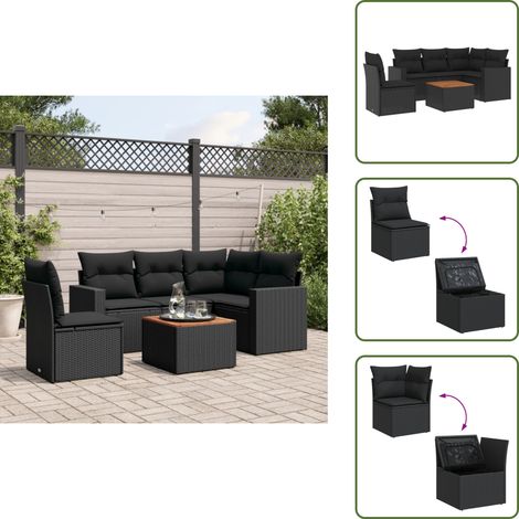 The Living Store Salon de jardin 6 pcs avec coussins noir résine tressée - Ensemble Salon De Jardin - Mobilier De Jardin - Canapé Extérieur - Set De Jardin - Chaise Lounge