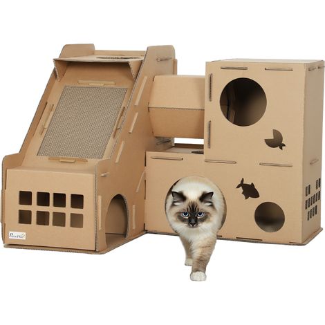 Casetta per gatti in cartone a forma di castello, 2 livelli con 3 aree per graffiare, tunnel e rampa inclusi, con erba marrone.