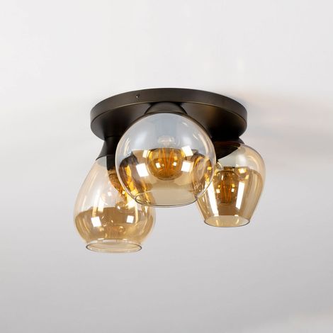 Plafonnier rond 3 lampes 41x24 cm en verre ambré et métal bronze