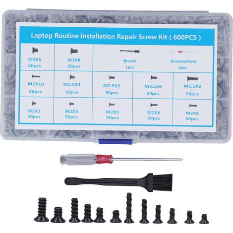 Kit de 600 vis à tête plate en acier au carbone M2, M2.5 et M3 pour ordinateur, avec tournevis à brosse. (1/5)