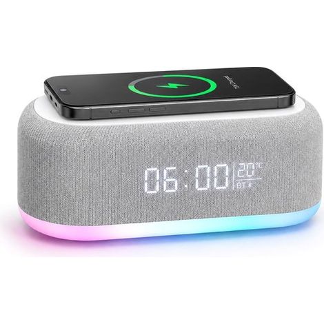 Radiosveglia digitale 6 in 1 con stazione di ricarica wireless da 15 W, altoparlante Bluetooth, illuminazione ambientale RGB a 9 livelli, per camera da letto e ufficio, E (1/4)