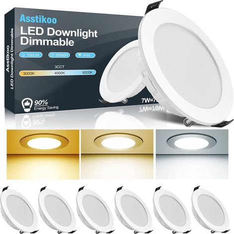 Spot LED Encastrable Dimmable,7W Spot Salle de Bain Extra Plat 25mm, IP44 Étanche Éclairage Plafonnier Trou Φ85-100mm,3000K 4500K 6500K 230V pour Salon,Cuisine Spot LED encastrable à 3 niveaux - IP44 (1/5)