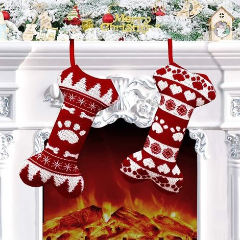 Juego de 2 calcetines navideños para perros, tejidos con forma de hueso, 40 cm, decoración para fiestas, marco de fotos (1/5)