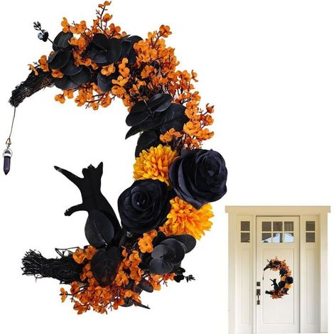 Couronnes d'Lune pour Porte D'entrée - Couronne Lune d'halloween avec Chat Couronne Porte Chat D’Décoration Murale,40x35cm (1/5)