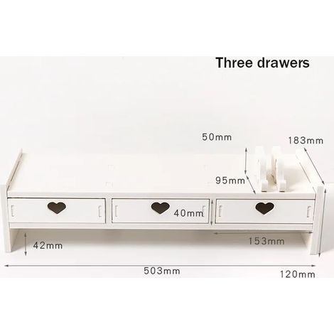 Étagère de rangement Bureau de rangement Matériel informatique Fournitures de papeterie Moniteur de bureau mignon Augmenter Rack Accessoires de bureau Blanc trois tiroirs (1/5)