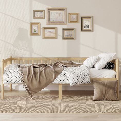 Banquette-lit pin naturel 90x200 cm, barrières trois côtés, 14 lattes de soutien, canapé-lit gain de place, sans matelas (1/5)