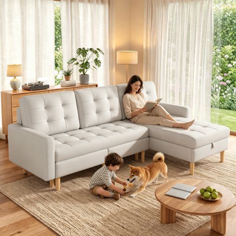 Canapé d’angle 3 places avec méridienne réversible et rangements, 212 x 130 x 86 cm, tissu non tissé, beige (1/5)