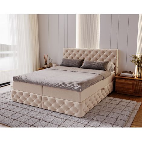 Emporius Lit continental 140x200 cm Royal, style chesterfield, lit double avec rangement, matelas H3 - Beige (1/5)