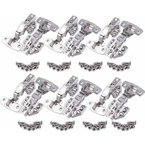 Lot de 12 charnières standard pour meubles sans cadre. Charnières à fermeture amortie avec plaque de montage à quatre trous. (1/5)