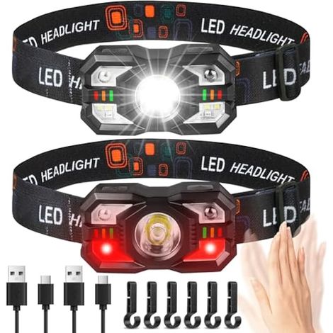 2 lampes frontales LED rechargeables, super lumineuses avec capteur et 6 modes d'éclairage, étanches IPX4, idéales pour le jogging, le camping, la pêche