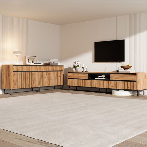 Mobile TV 180x40x52 cm, per TV da 75 pollici, frontale a doghe verticali, passacavi, MDF e metallo, naturale (1/5)