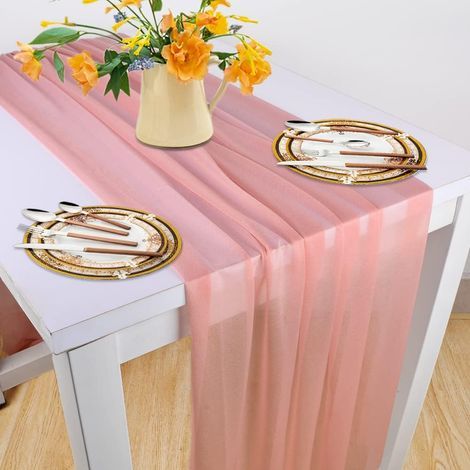 Chemin de table moderne - 70 x 300 cm - En mousseline de soie - Style bohème - Décoration de table - Pour le salon, la table, le mariage, l'anniversaire, la fête (chair rose) (1/5)