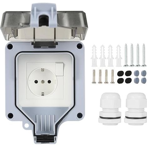Enchufe exterior impermeable DEWIN de 16 A, toma de corriente exterior impermeable IP66 de 1 vía, enchufe de pared estándar europeo con interruptor independiente para jardín, cocina y garaje. (1/5)