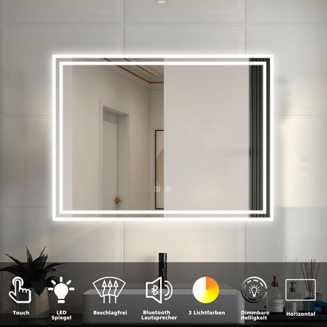 LED Badspiegel mit Bluetooth Warmweiß/Neutralweiß/Kaltweiß Dimmbar Beschlagfrei Speicherfunktion Badezimmer Spiegel mit Beleuchtung CE IP44 80x60cm (1/5)