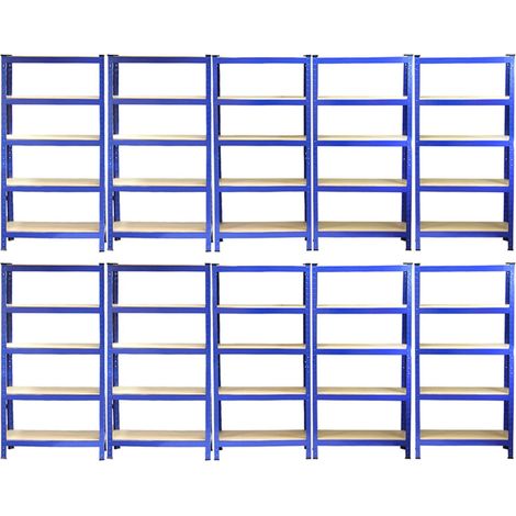 10 Rayonnages T-Rax en Acier Sans Boulons Bleus 75cm x 30cm x 150cm - Robuste - Capacité de 150Kg par Planche soit 7500KG au total - Entrepôt, Atelier, Garage, Etagère, Bricolage [Maillet INCLUS]