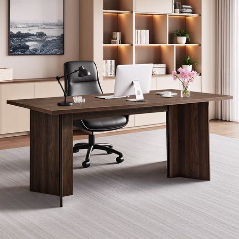 Bureau de direction, 160 x 80 x 76 cm, bureau d'ordinateur moderne avec trou de connexion de câble, charge de 113,4 kg, grande table d'étude en bois robuste, pour travail et écriture, noyer (1/5)
