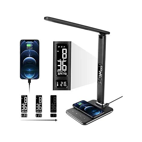 Faltbare 10-Watt-Schreibtischlampe mit kabelloser Ladefunktion, Augenschutz, kreativem faltbarem Bildschirm, schlichtem Design, schwarz, europäischer Norm, Mobiltelefon. (1/4)