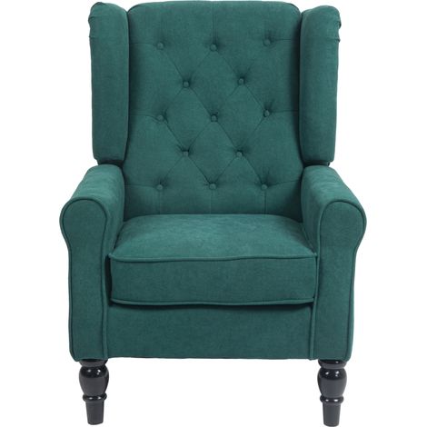 Fauteuil salon capitonné grande assise pieds bois vert 74x86x102 cm