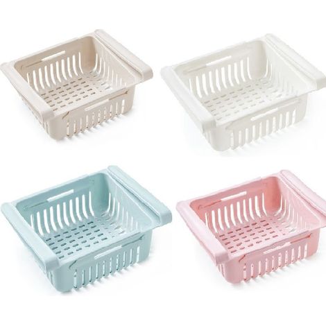4-teiliges Aufbewahrungs- und Organisationsset für den Kühlschrank, ausziehbarer Schubladeneinsatz für den Kühlschrank, Blau, Weiß, Rosa und Beige (1/5)