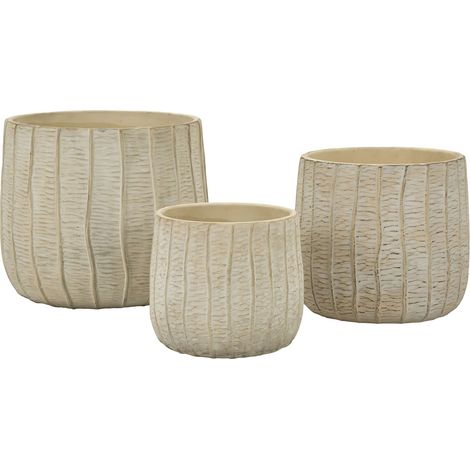 Set 3 Cachepot Flake in ceramica color crema - Design materico effetto legno, set decorativo per interni