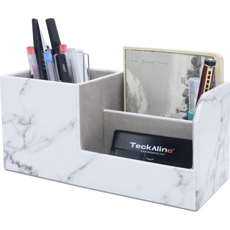 Support Stylo - En Marbre et Cuir PU - Organiseur de Bureau avec 3 Compartiments - Pour Stylos Crayons Lunettes Télécommandes Smartphone Cartes de Visite - 20,5 x 9,3 x 11 cm - 1 Pièce (1/5)