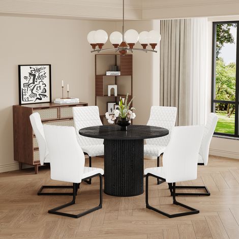 Set tavolo e sedie da pranzo in MDF e metallo, nero e bianco, 6 posti, stile moderno (1/5)