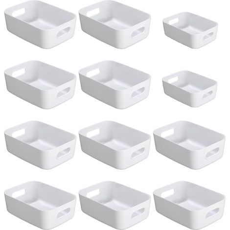Panier de rangement en plastique,Lot de 12 paniers de rangement empilables avec poignées pour Cuisine,Placard,Bureau (Blanc) (1/4)