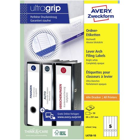 Avery-Zweckform Etiquette pour classeur L4758-10 38 x 297 mm papier blanc fixation permanente 50 pc(s) (1/4)