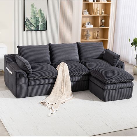 Canapé 3-Sitzer modular aus Cordstoff Dunkelgrau mit Hocker, 263x167x85 cm, frei kombinierbar (1/5)
