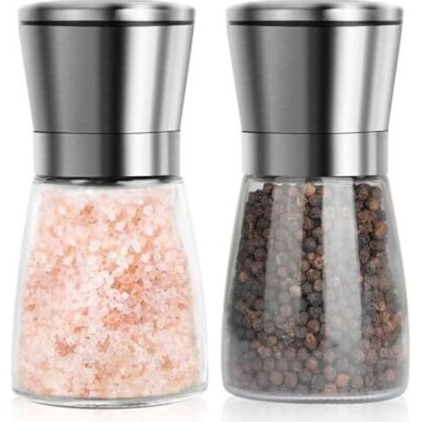 Set of Adjustable Stainless Steel Salt and Pepper Mills, Manual Salt and Pepper Mill, Glass and Stainless Steel Salt Mill for Kitchen (Spice Not Included, Set of 2) (1/5)