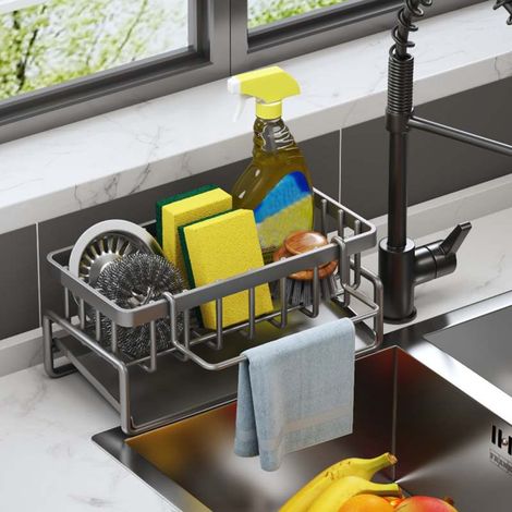 Escurridor de cocina de acero inoxidable color óxido con bandeja de goteo automática, gris.