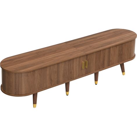 Mobile TV 175 cm in MDF effetto noce con porta scorrevole in rattan, cassetti e vani aperti (1/5)