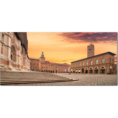 Lupia - Quadro moderno su Tela Canvas DEEP 65X143 cm, con paesaggi e localismi italiani, per casa, soggiorno, capezzale camera da letto, hotel, ufficio, BOLOGNA - PIAZZA MAGGIORE SERA (1/4)
