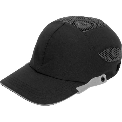 Casquette de sécurité Bump Hat respirante et ajustable pour sport et travail, noir avec bord gris, coque protectrice légère type casquette baseball. (1/5)