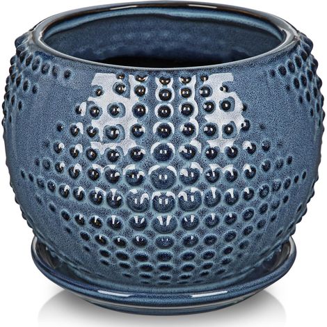 Pot de fleurs décoratif en céramique pour intérieur et extérieur, avec trou de drainage et soucoupe, bleu, 17,8 cm (1/5)